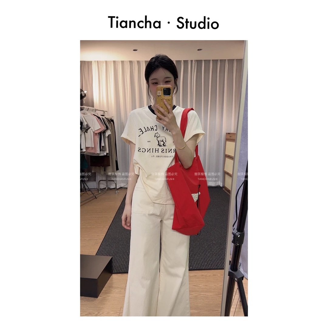 sweet c【小奶羊】M216#夏季新款圆领韩版风正肩短袖T恤女气质百搭