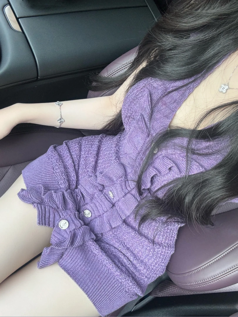 紫色针织连衣裙性感V领短款收腰荷叶边小香外穿小个子无袖背心裙