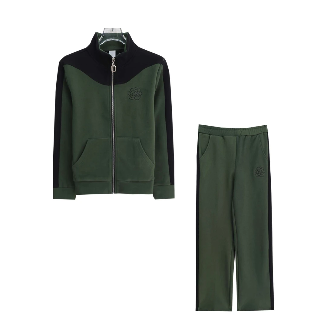 撞色拉链宽松减龄上衣时尚休闲长裤套装S3534