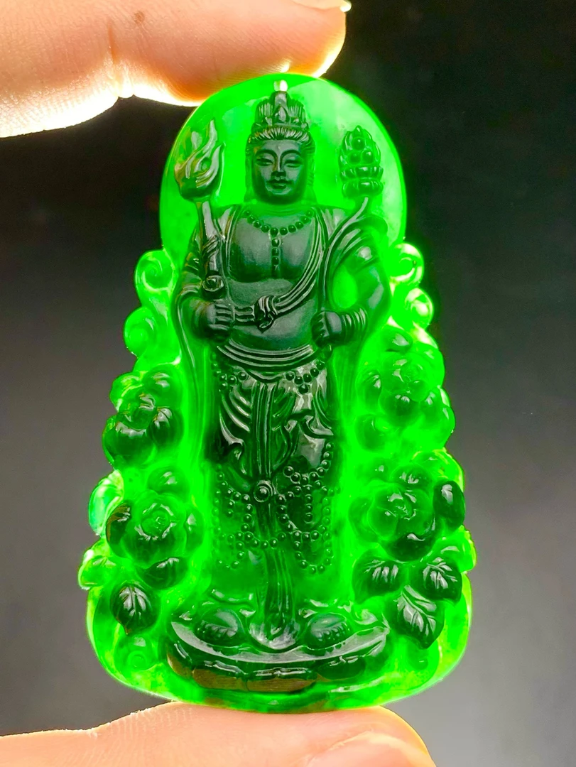 天然翡翠A货墨翠《墨翠虚空藏菩萨》顺丰特快立体雕刻冰透精雕双面