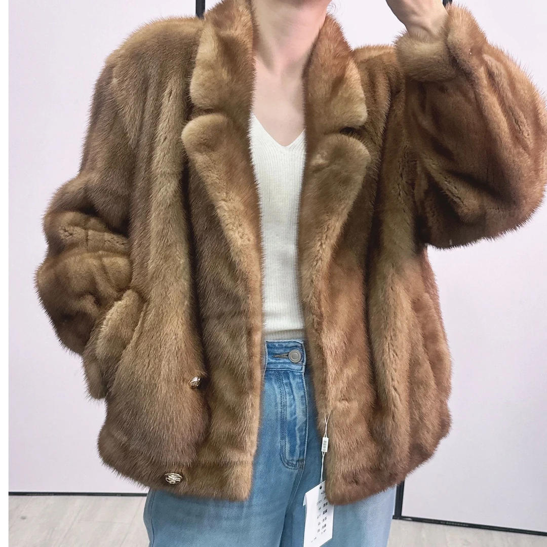 HX12，XL，蜜糖棕西服领夹克风水貂外套