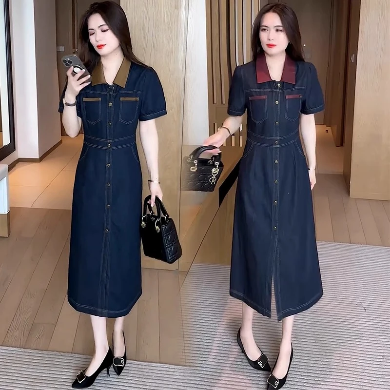 2025夏季新款牛仔短袖连衣裙女洋气质显瘦收腰中长款过膝休闲裙子