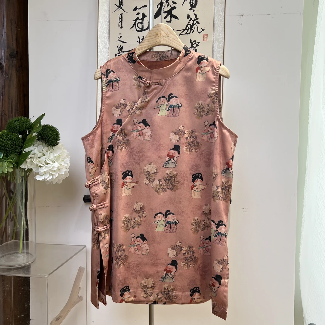 立领夏季唐装无袖复古国风提花单排扣斜襟中长款上衣花色008