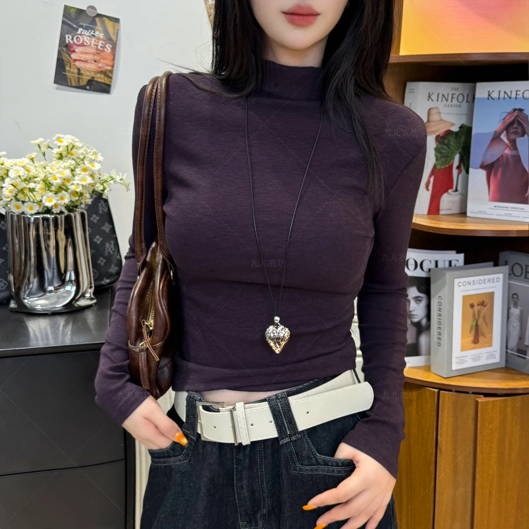 2025新款半高领螺纹长袖T恤百搭打底衫女修身显瘦内搭韩版上衣