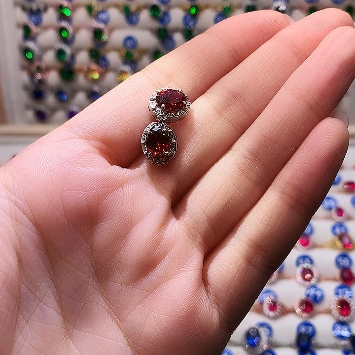 红宝石耳饰银S925镶嵌11