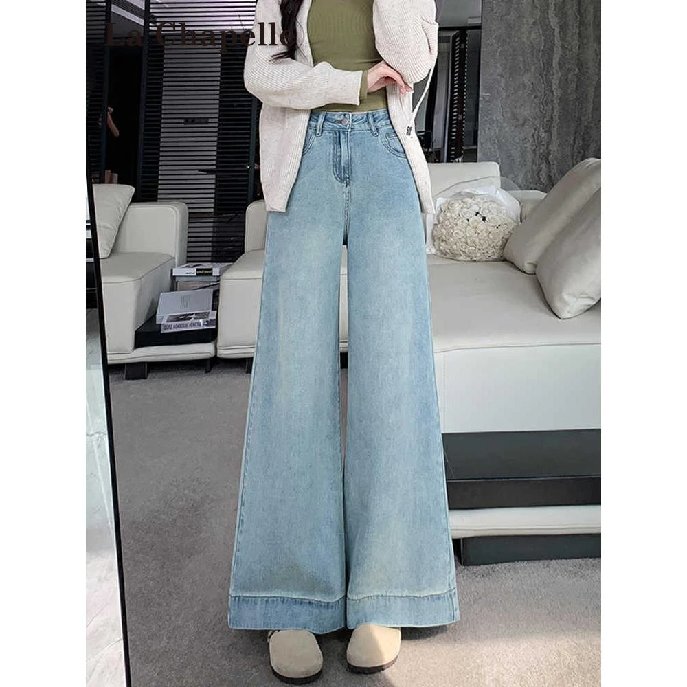春夏薄款浅蓝色阔腿牛仔裤女春夏2025新款小个子高腰显瘦微喇叭裤