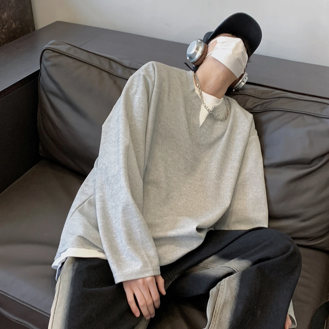 假两件设计感长袖T男女同款INS潮硬挺圆领高质量优选中性风打底