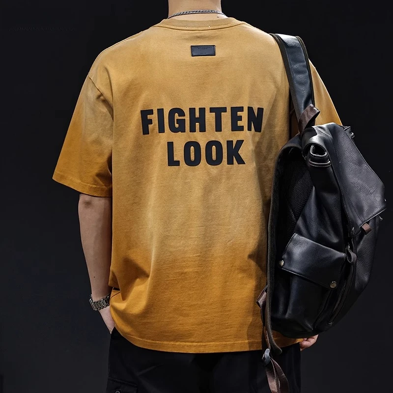 潮牌美式复古做旧水洗喷色短袖t恤男夏2025新款宽松高端渐变体恤