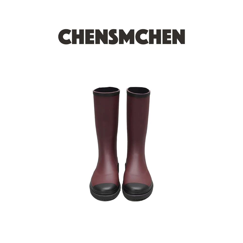 CHENSMCHEN 新款复古酒红拼色无接缝中筒靴