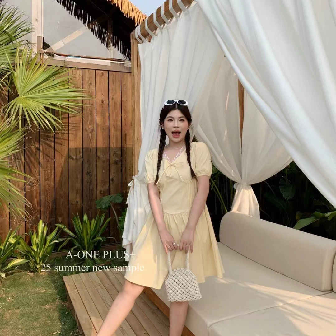 (不退换)大码连衣裙法式淑女纯色蕾丝连衣裙大码清仓