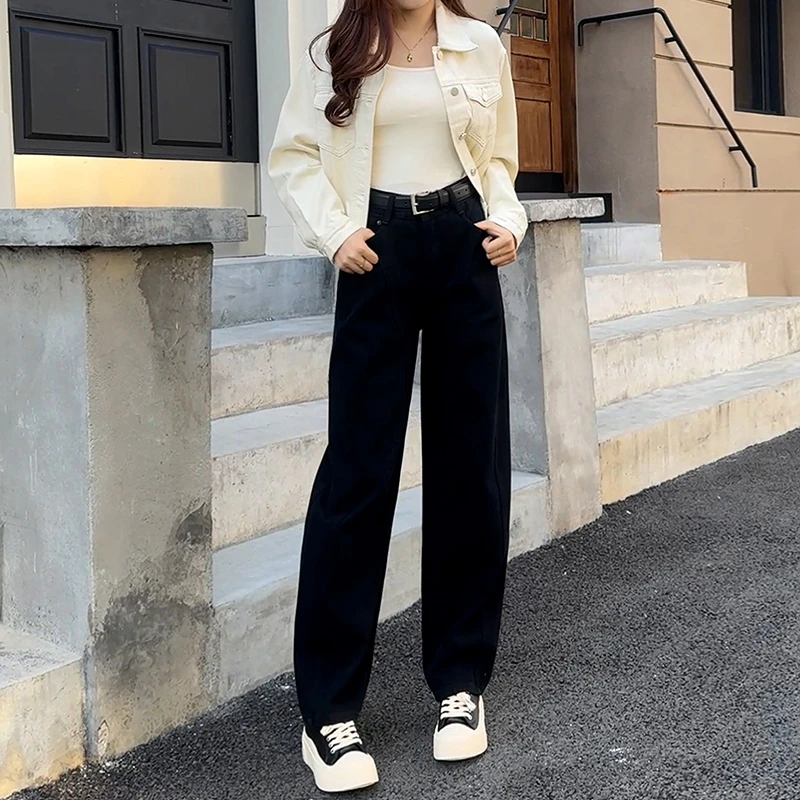 美思源黑色牛仔裤女款秋季新款高腰裤子宽松显瘦直筒阔腿镰刀裤