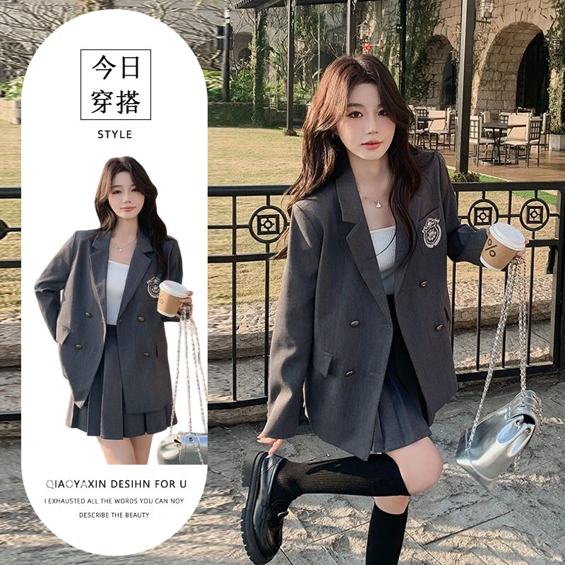 韩剧女主穿搭学院风小西装jk制服套装女2025秋装新款百褶裙两件套