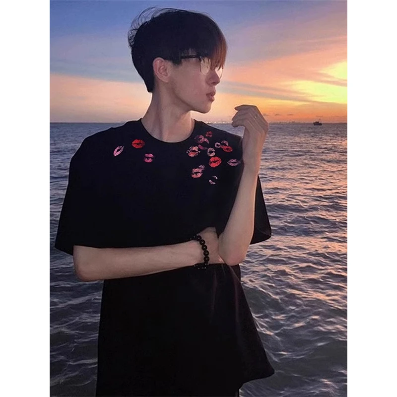 唇印重磅纯棉短袖t恤男款夏季痞帅美式潮牌半袖潮流宽松五分中袖
