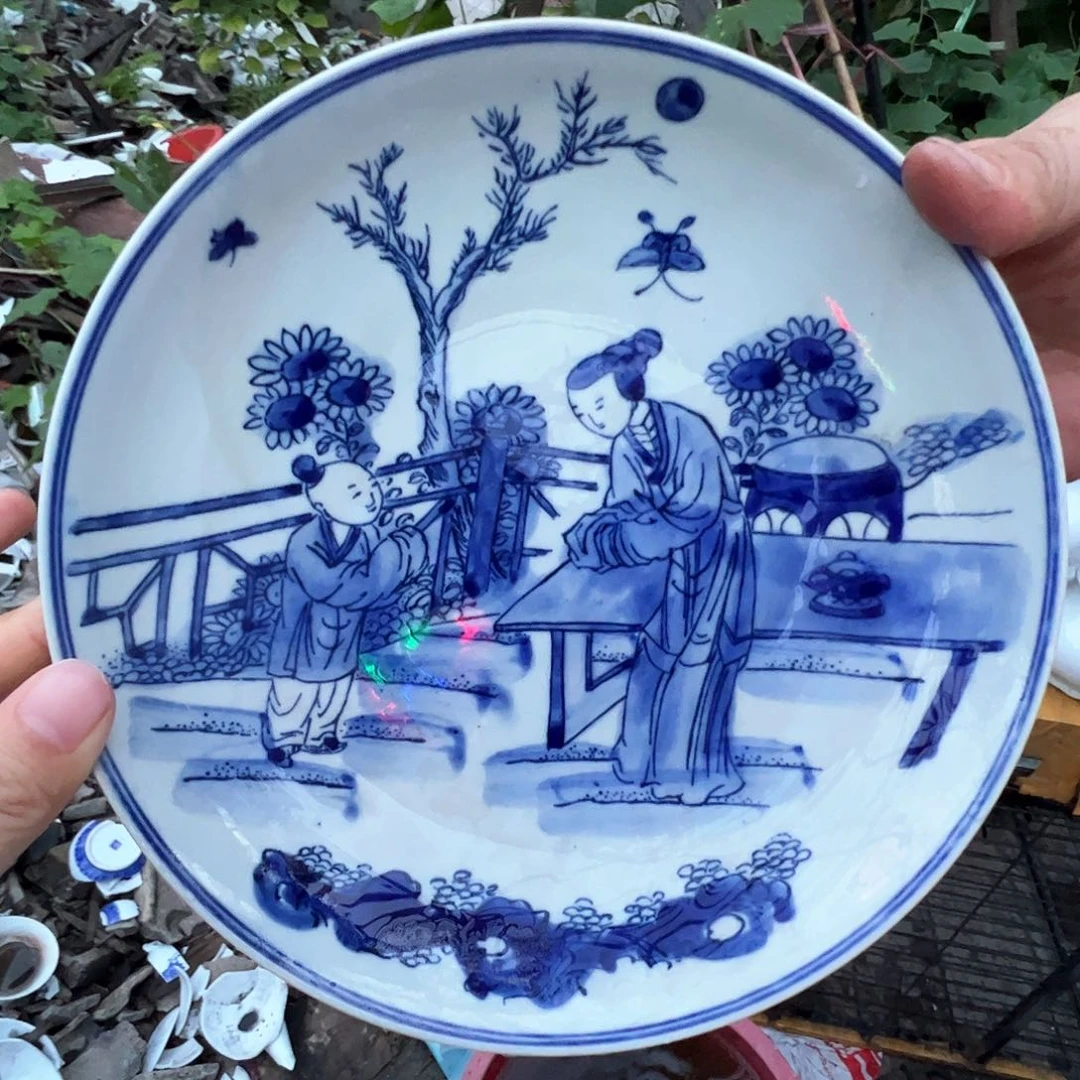 瓷片景德镇陶瓷青花三娘教子盘一个