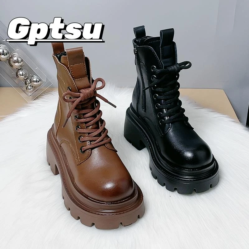 GPTSu小个子马丁靴女春秋单靴新款靴子粗跟高跟英伦风显脚小短靴
