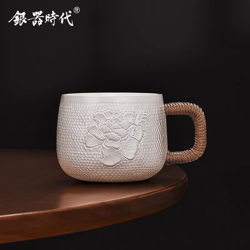 银杯子999足银马克杯银水杯女纯手工锤纹 养生银茶杯男家用咖啡杯