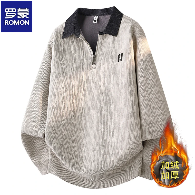 罗蒙一体绒加厚毛衣男士冬季新款半拉链立领针织衫加绒保暖打底衫
