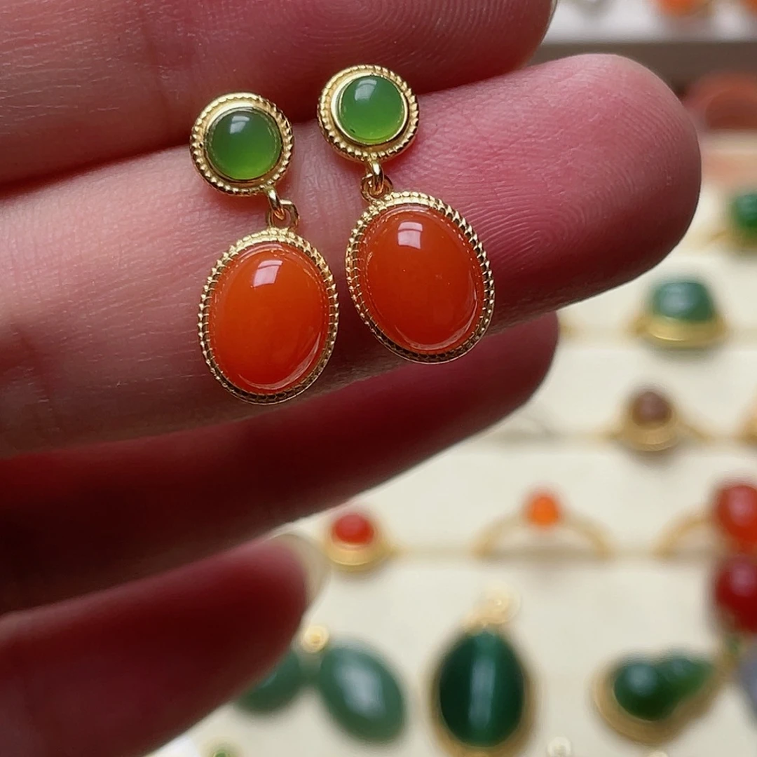 和田玉耳钉银S925镶嵌