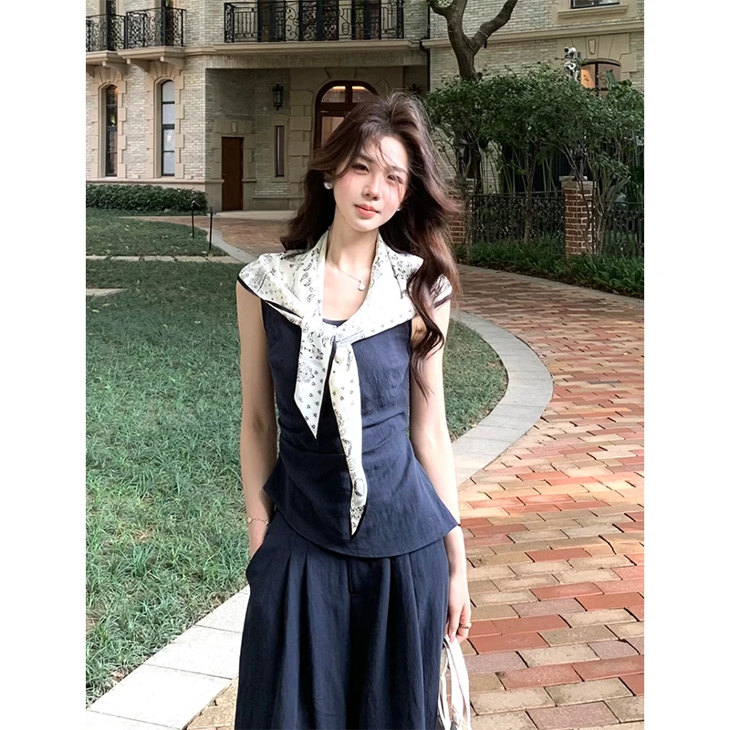 木子李的李【千娇百媚】小众气质收腰背心百搭休闲阔腿直筒裤两件套