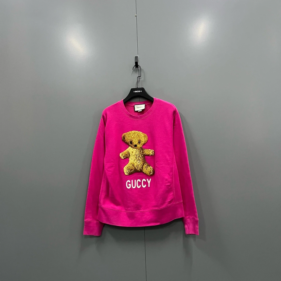 95新 GUCCI/古驰 zz 粉色小熊印花卫衣 L码/jc606238/无洗标