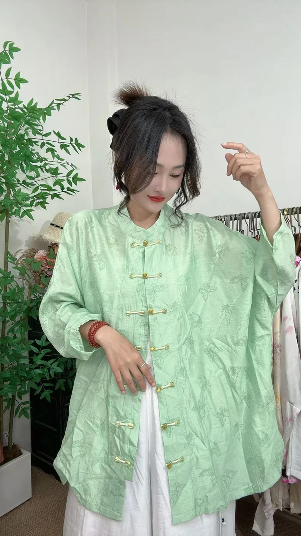 342 中国风加长款古风女装中长款夏季防晒衬衫中式风上衣