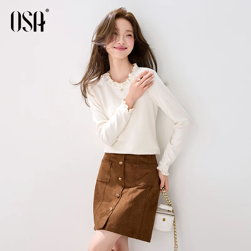 OSA法式木耳花边拼接长袖T恤女秋季新款条纹肌理感上衣S125C11008