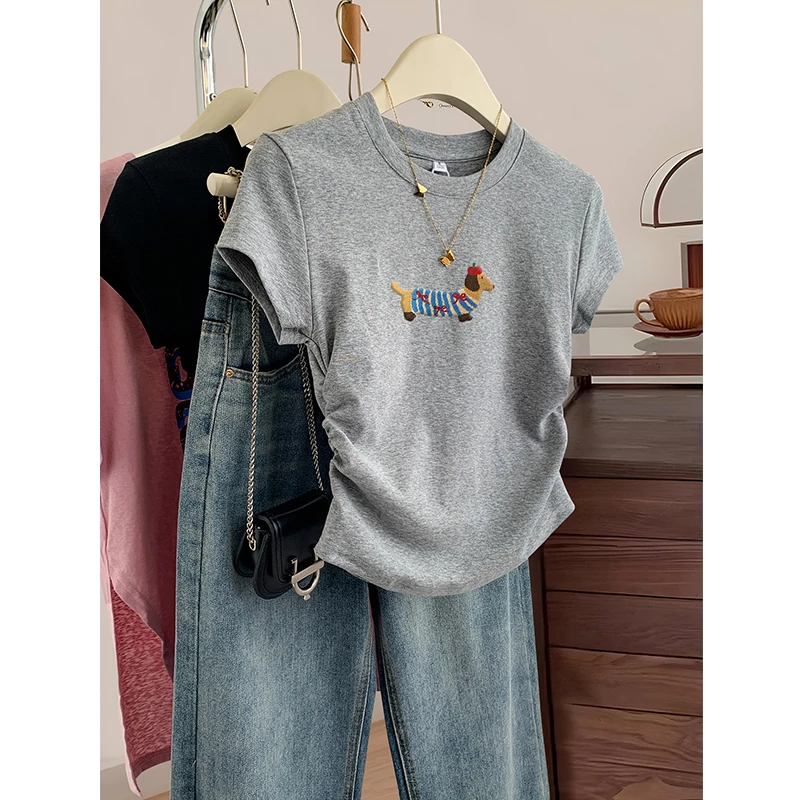 胖mm大码流行爆款毛巾绣正肩短袖t恤女2025夏季褶皱短款修身上衣