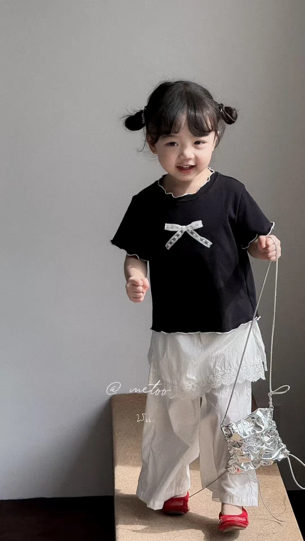 觅兔酱25夏黑色蝴蝶结短袖女童31572