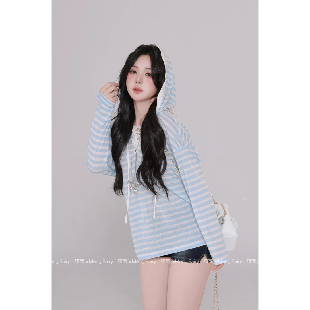现货萌面侠【奶盐条纹】莱塞尔慵懒连帽拼接条纹针织上衣5781流光风