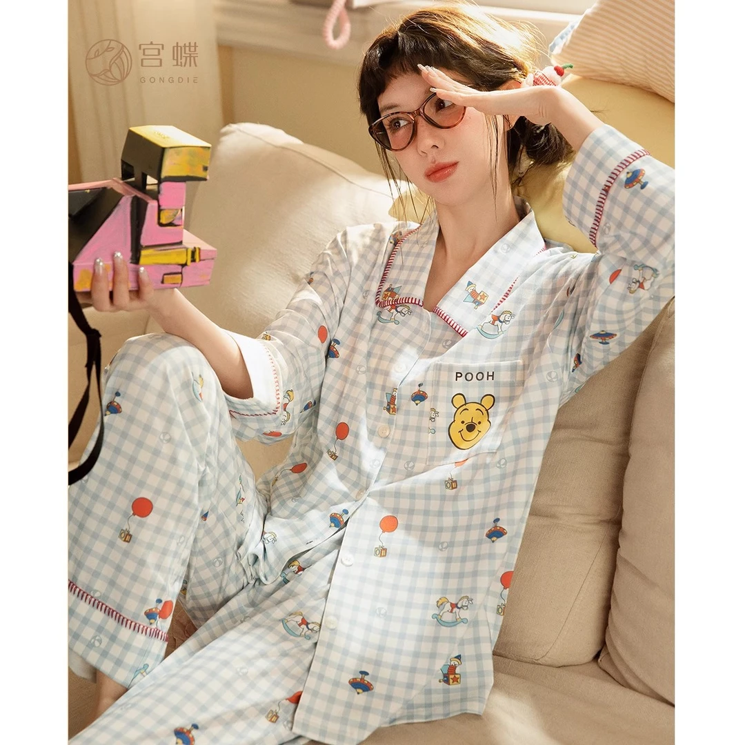 宫蝶【轻柔软】迪士尼噗噗熊长袖睡衣女纯棉休闲格子家居服套装夏