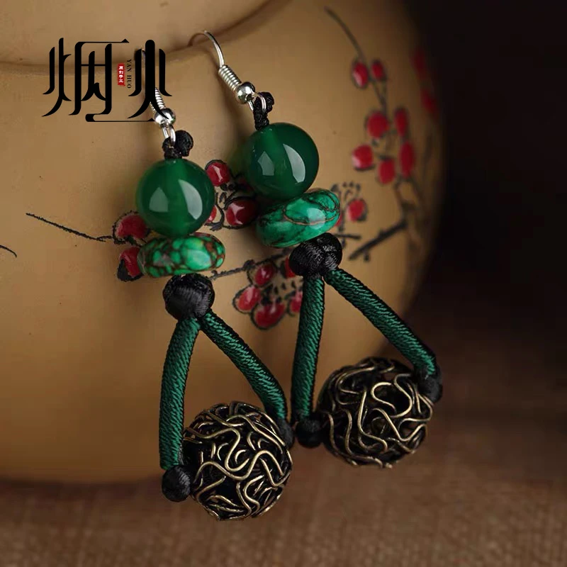 合金耳饰 民族风绿色耳环女复古中国风高级感耳坠配旗袍