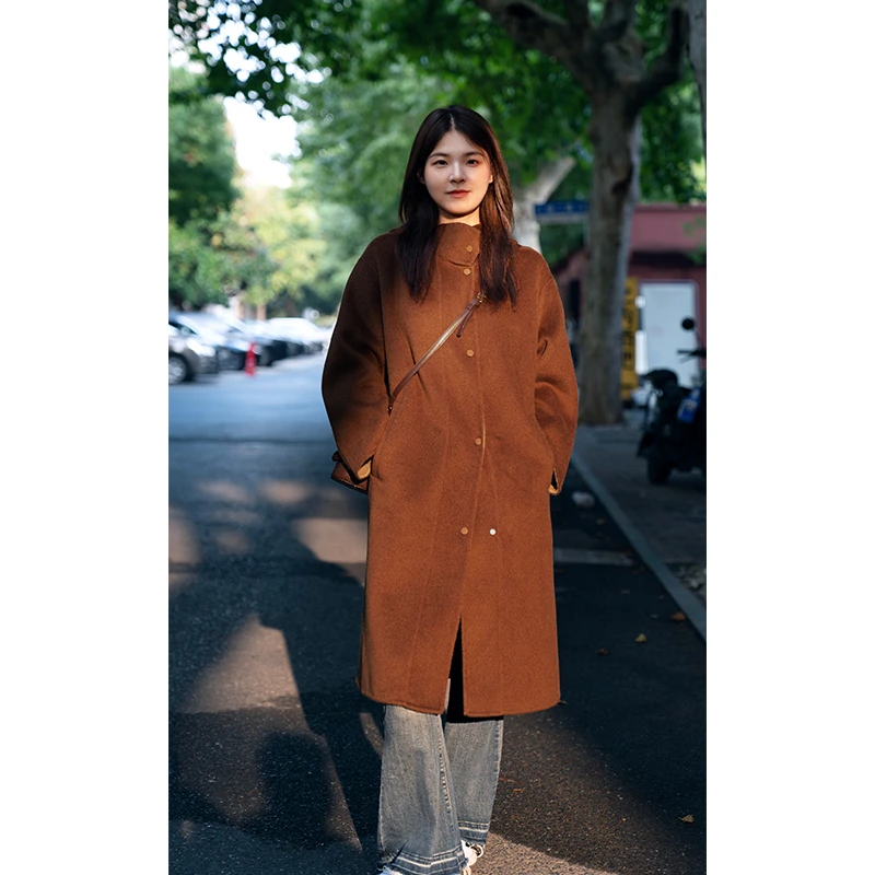 2025秋冬连帽双面羊毛大衣女立领中长款高级感宽松显瘦毛呢外套