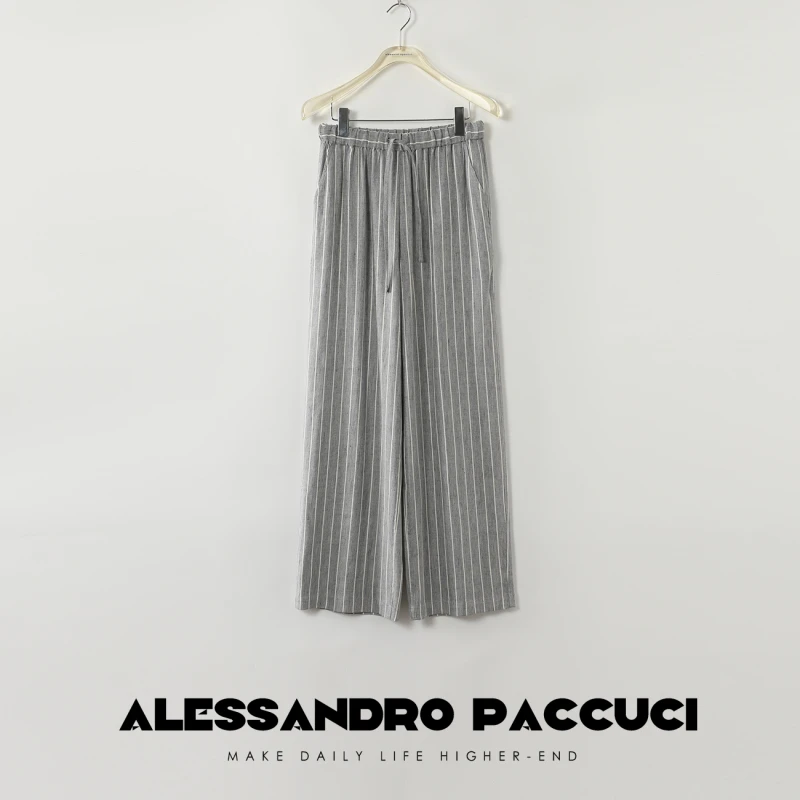 AP洛哥42071KC【纹弦】亚麻混纺松紧腰抽绳条纹休闲裤时尚垂感长裤