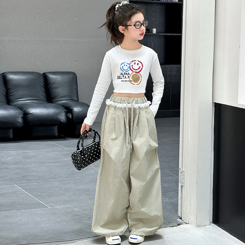 【嘻嘻柚】女童春季长袖打底蕾丝花边裤套装2025新款时髦休闲两件套