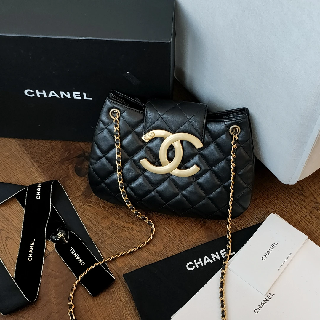 95新 Chanel/香奈儿 24C黑金羊皮大双C腋下单肩大号元宝包 46646