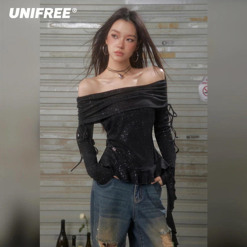 【小呆鸟专享】UNIFREE一字肩长袖T恤辣妹细闪U251G559K2K2