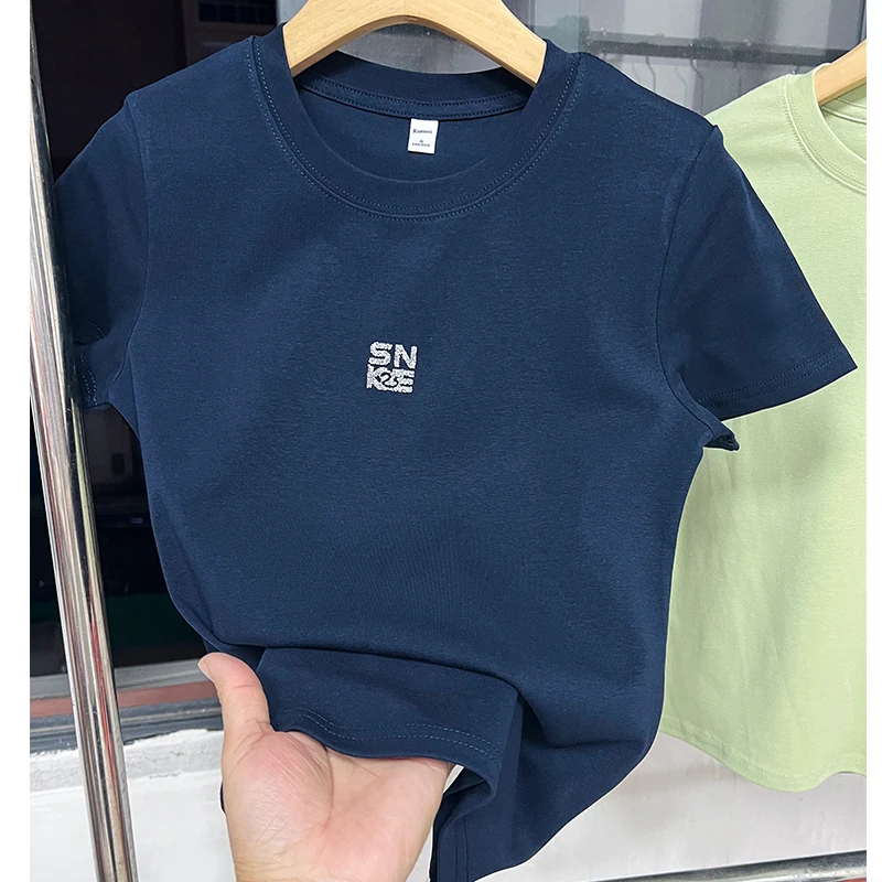 字母烫钻正肩短袖棉T恤女2025春夏季新款高级感修身显瘦上衣