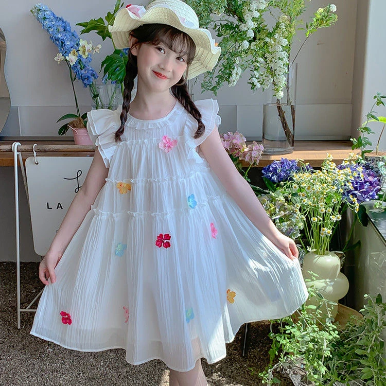 女童连衣裙立体花朵夏季2025新款女宝宝洋气公主风中大童夏装裙子