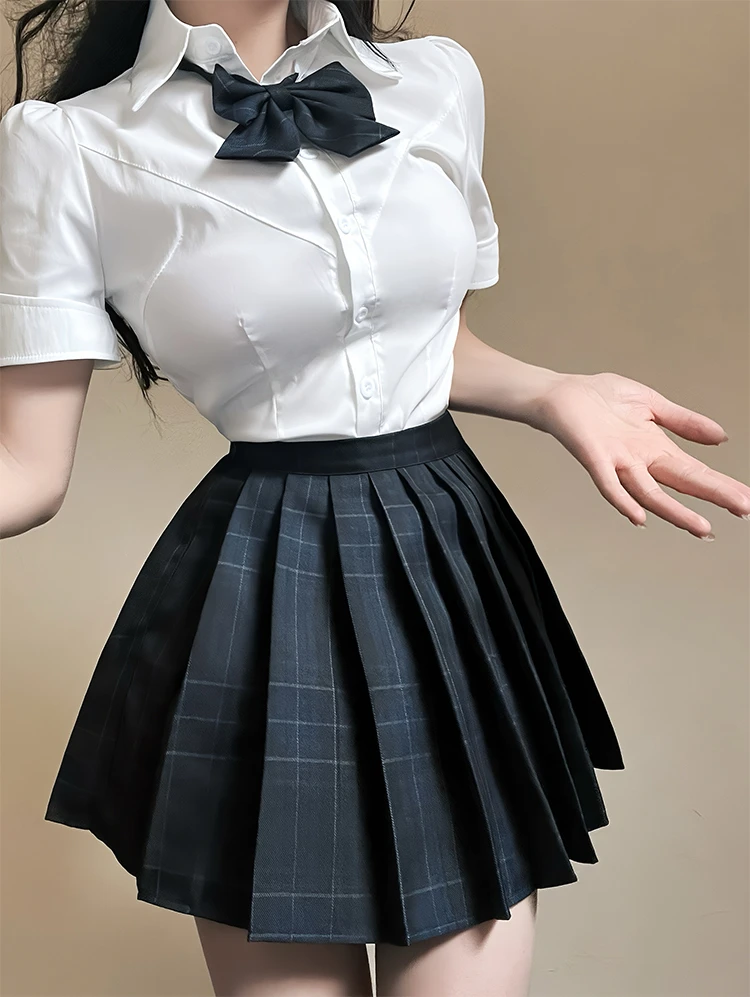 原创JK衬衫女泰式校服白色上衣夏季短袖修身收腰衬衣百褶短裙套装