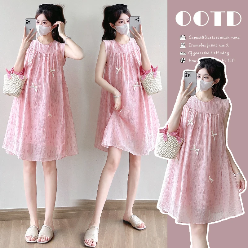 （优质版）孕妇装夏季2025时髦减龄简约蝴蝶结装饰舒适大码连衣裙