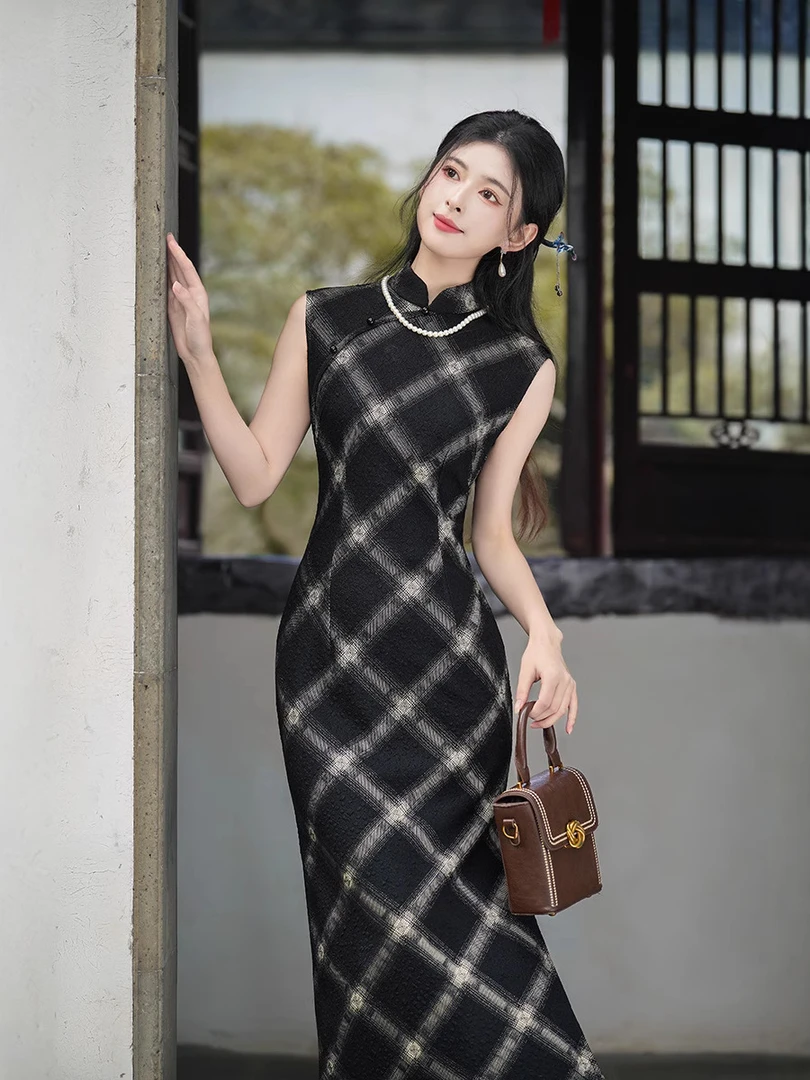 吴（暮川）衣长125夏春秋季可穿复古经典黑白格子弹力大显瘦旗袍