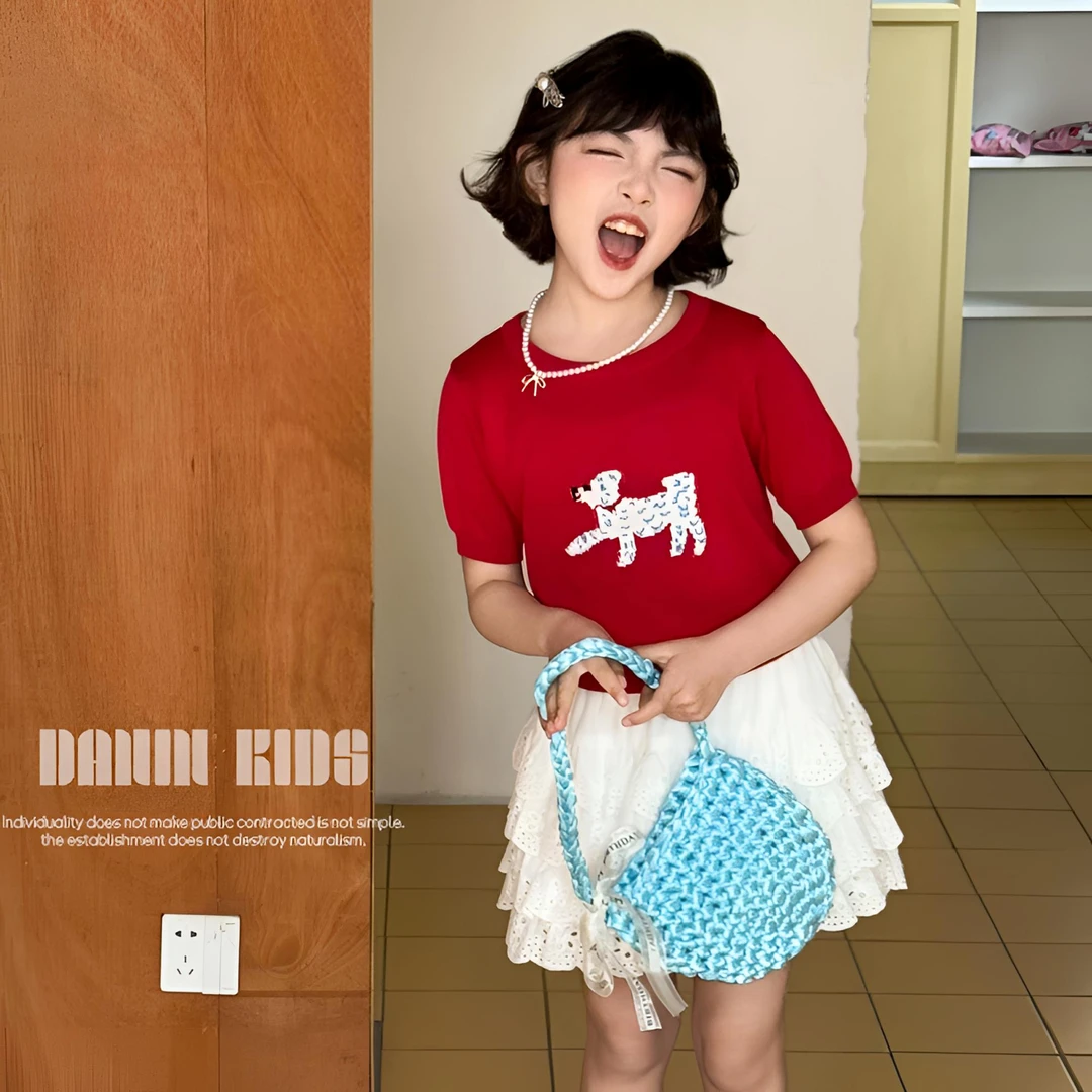 【嗒囜】女童25夏季休闲百搭卡通织花短袖针织衫中大童舒适上衣T恤