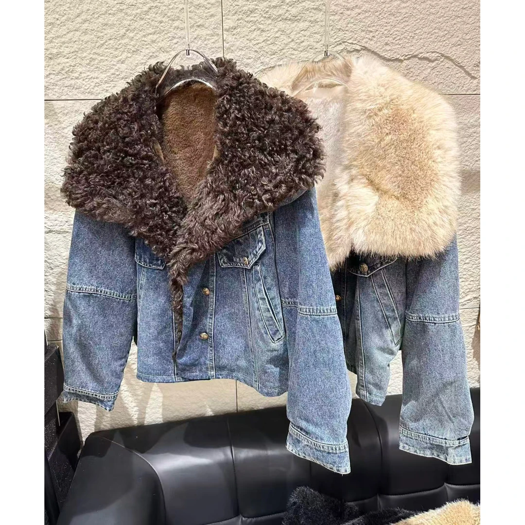 【Wan wan】金色纽扣翻领加绒牛仔外套