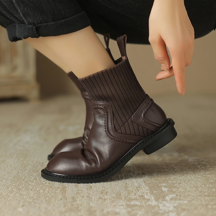 黑色真皮弹力针织袜靴女瘦瘦靴2025秋冬新款英伦风复古圆头短靴子