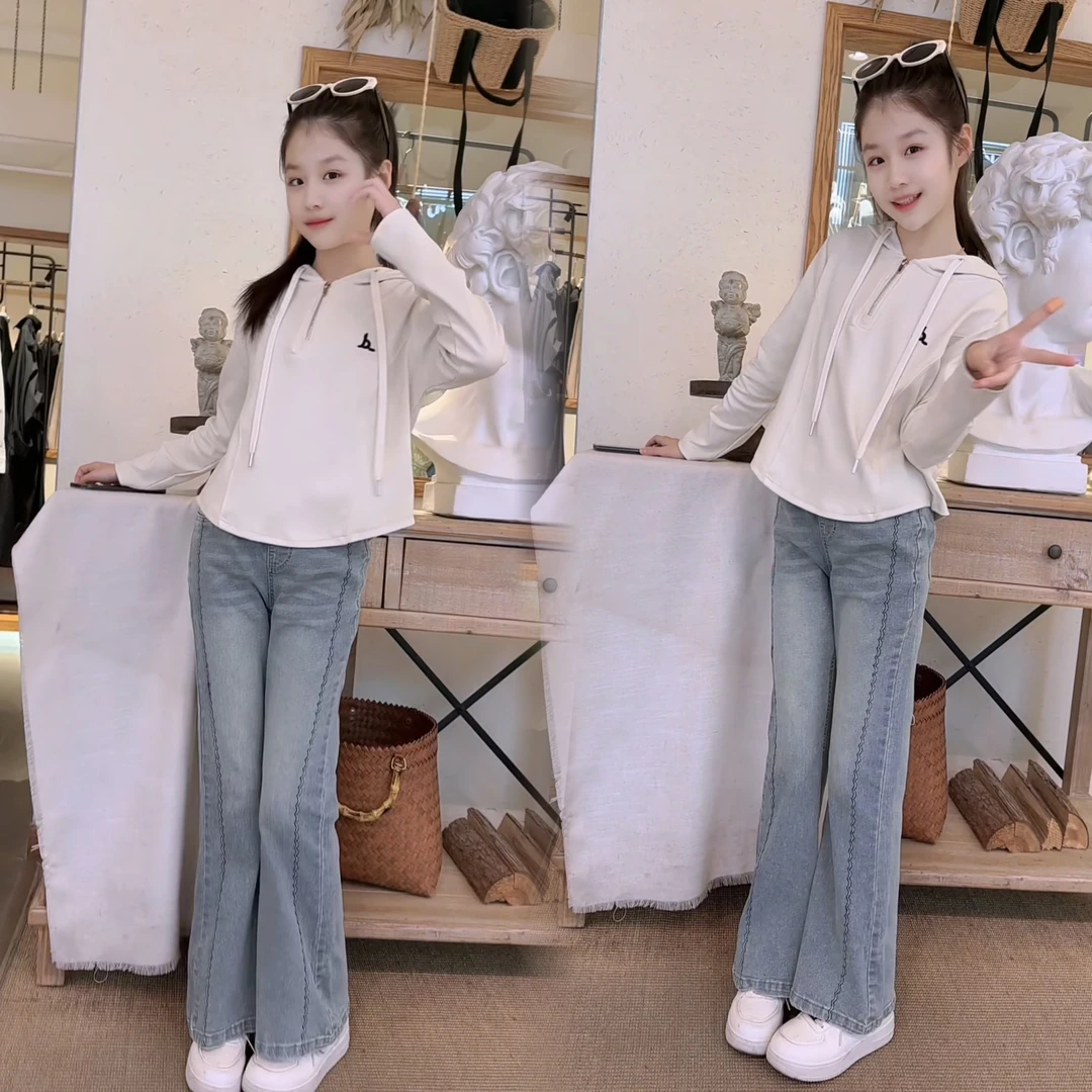 女童春款连帽衫上衣牛仔喇叭裤套装2025新款时尚洋气韩版6-14岁