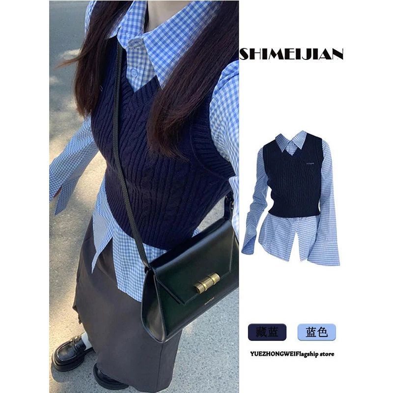 春季新款女装学院风格子衬衫洋气针织马甲配时尚韩版半身裙三件套