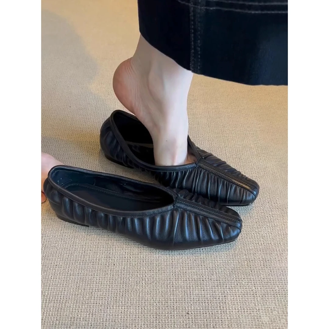 游今希~法式褶皱方头浅口芭蕾单鞋通勤一脚蹬气质平底鞋女奶奶鞋