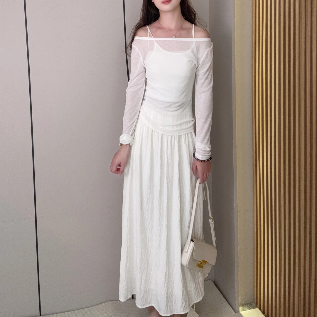 夏季新款薄款透视防晒上衣长袖T恤+百搭吊带拼接连衣裙套装3020