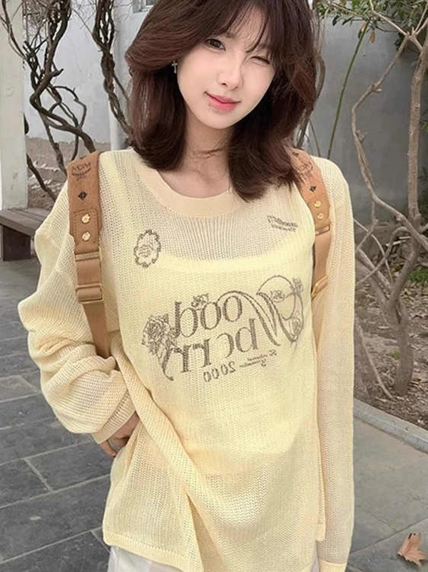 美式慵懒风镂空长袖t恤女夏季字母印花针织防晒罩衫宽松休闲上衣