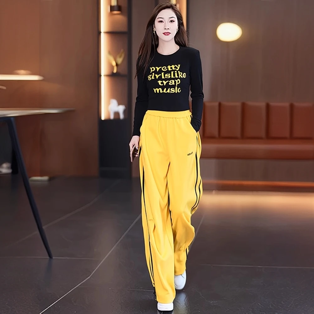 时尚休闲套装女2025春季新款洋气质字母印花长袖T恤阔腿裤两件套